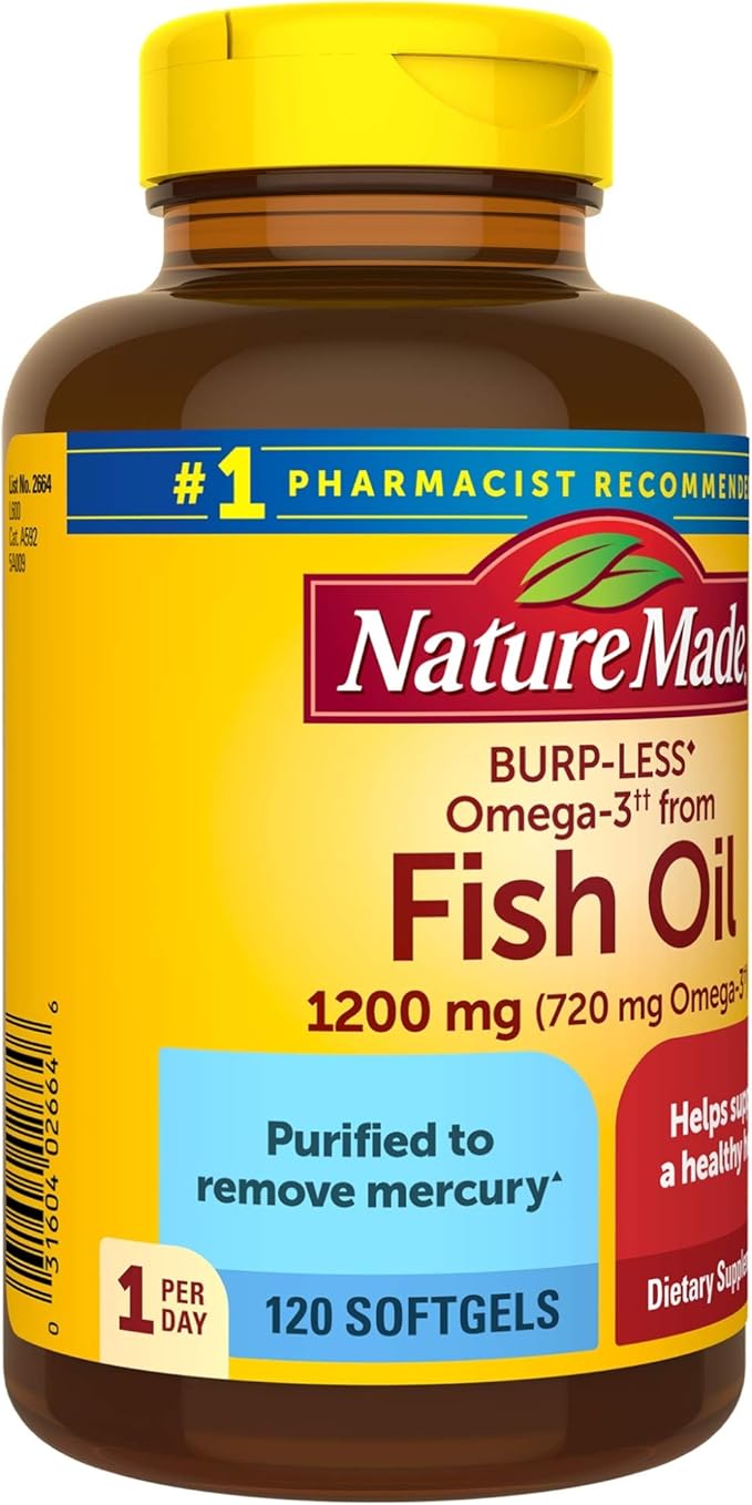 Nature Made Burp-Less Fish Oil 1200 mg One Per Day 120 Softgels Fish Oil Omega 3 Supplement For Heart Health