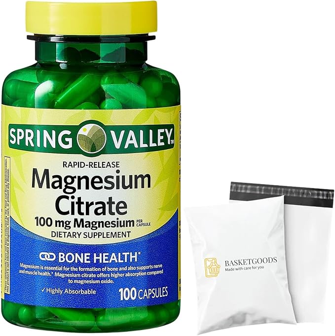 Spring Valley Magnesium Citrate | Citrato de Magnesio 100mg Capsules | Best Magnesium Supplement for Women | Magnesium Pill | 100 mg 100 Capsules - Set by Basket Goods