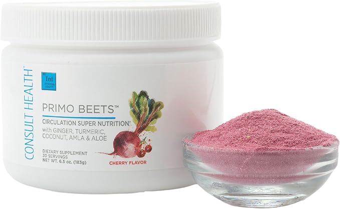 Consult Health Primo Beets Beet Root Powder Nitric Oxide Supplements for Men &amp Women Supports Circulation &amp Healthy Energy Levels Drink Mix Ginger Turmeric 6.5 oz.(30 Servings) Cherry Fl