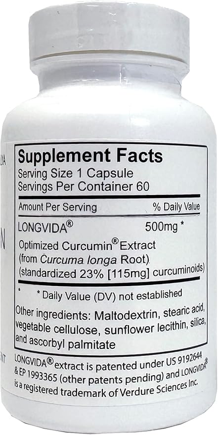Longvida Curcumin 500 mg 60 Capsules - High Absorption 285x More Bioavailable Curcumin Supplement Non-GMO Vegan &amp Gluten Free 60 Servings