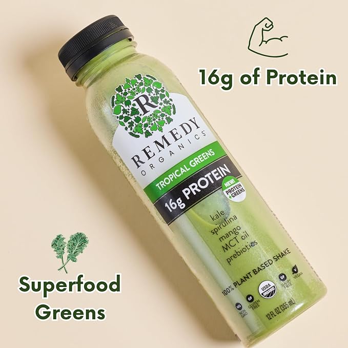 Remedy Organics Tropical Greens 12-Pack | Plant Based 16g Protein Shakes Ready to Drink | USDA Organic Gluten Free Dairy Free Soy Free