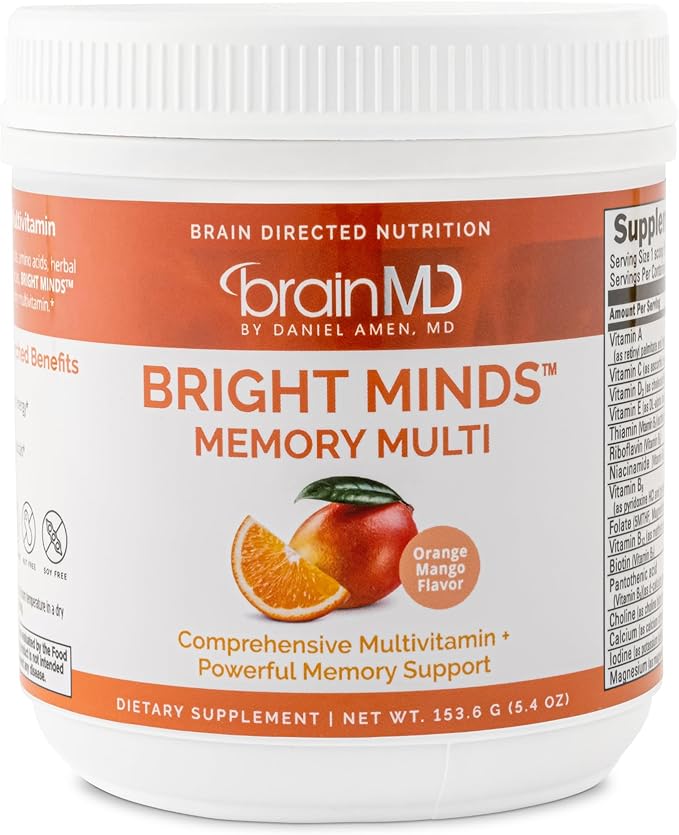 BRAINMD Dr Amen BRIGHT MINDS Memory Multi Orange Mango Flavor - 5.4 oz Powder - Multivitamin &amp Memory Support - Gluten Free Sugar Free - 30 Servings