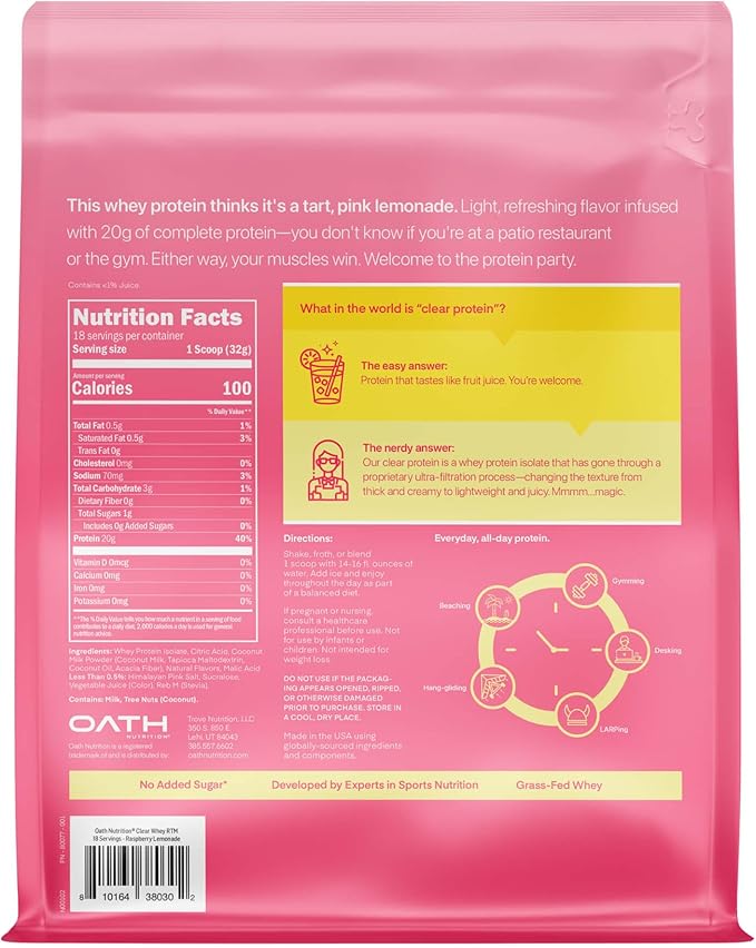 Oath Nutrition Clear Whey Isolate Protein Powder Raspberry Lemonade 20g Complete Protein per Serving No Added Sugar Grass-Fed 18 Servings