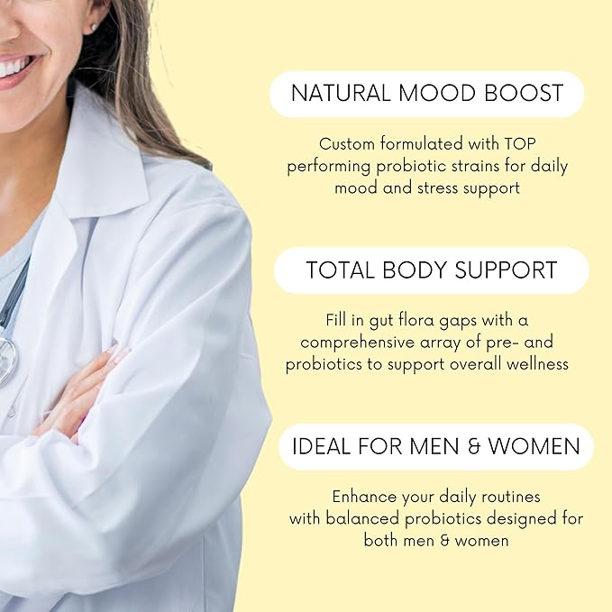 Probiotics 30 Billion CFU - Bifidus Mood Support Supplement w/prebiotics &amp probiotics for Women and Men - Mood &amp Digestion Support- Histamine Free - Natural Mood Boost - 60 Days Supply Non-GM
