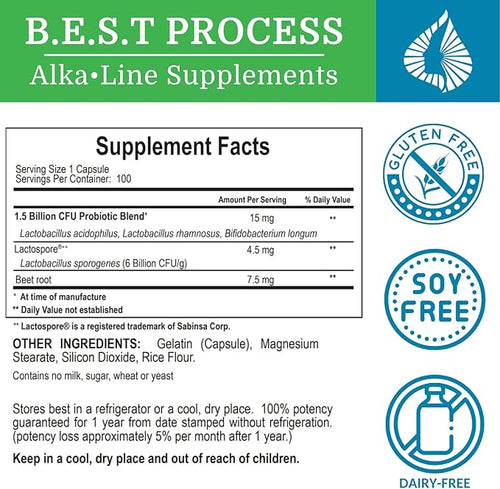 Alkadophilus Best Process Alkaline — No Refrigeration Probiotic &amp Prebiotic Digestive Supplement — 1.5 Billion CFU of Good Bacteria &amp Beetroot