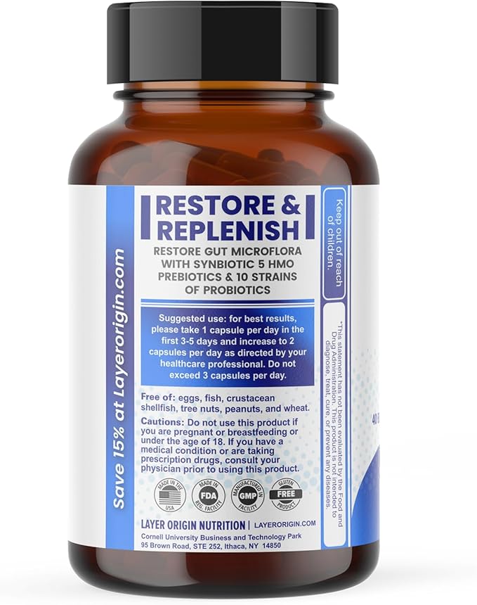 Layer Origin SuperHMO: Synbiotic Capsules with 5 HMO Prebiotics &amp 40 Billion CFU Probiotics - Bifidobacteria &amp Lactobacillus 60 Count