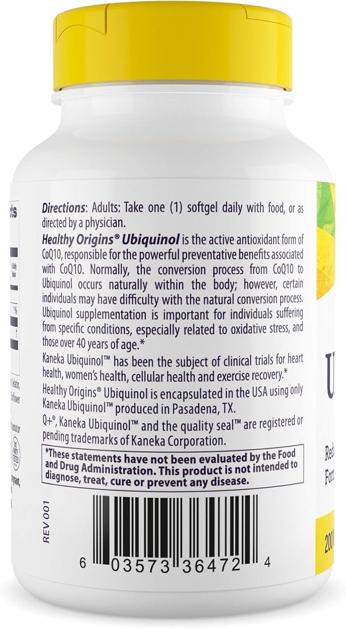Healthy Origins Ubiquinol (Active Form of CoQ10) 200 mg - Ubiquinol Supplements for Heart Health &amp Antioxidant Support - Gluten-Free &amp Non-GMO Supplement - 60 Softgels