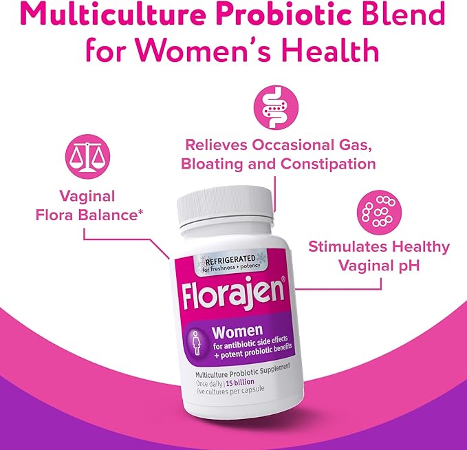 Florajen Women’s Vaginal Probiotic - Gut Health Vaginal pH Balance &amp Constipation Relief - Multi-Strain Formula with Lactobacillus - Refrigerated for Potency - 60 Capsules