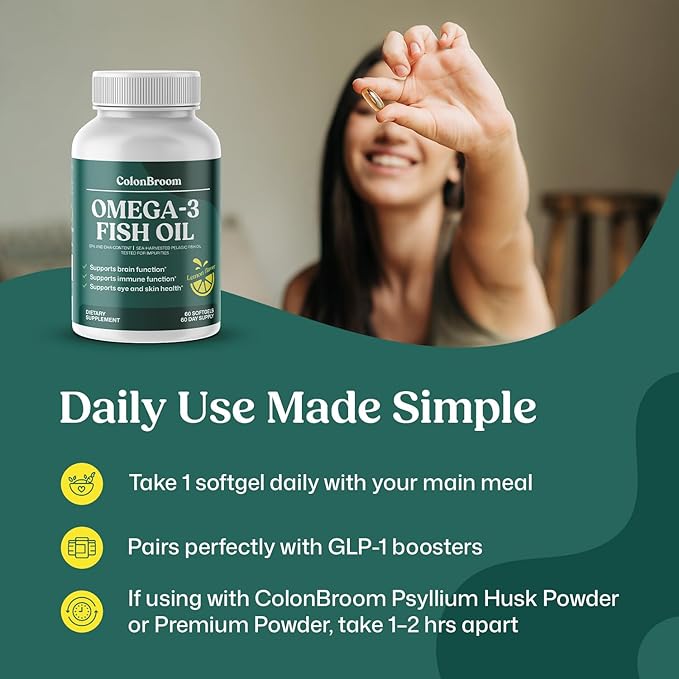 ColonBroom Omega 3 Fish Oil 2640 mg Softgels | Lemon Flavor | Daily Fish Oil Omega-3 Supplement for Women &amp Men with EPA &amp DHA | Gluten-Free Non-GMO Natural (120 Softgels 4 Month Supply)
