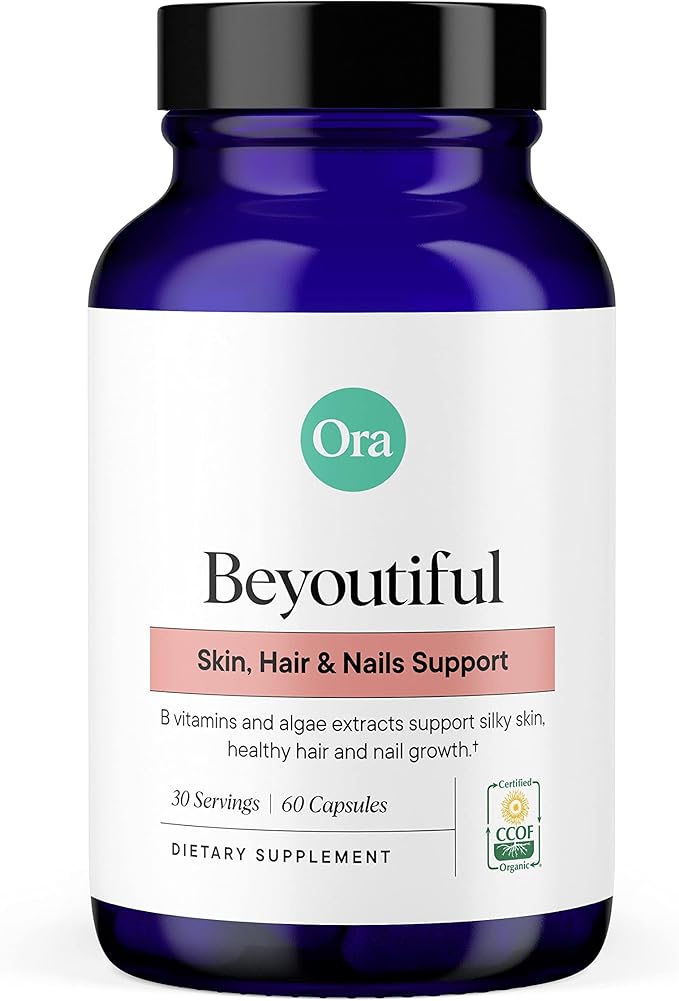 Ora Organic Hair Skin and Nails Support- BeYouTiful - Beauty Supplement with B Vitamins and Algae Extracts for Healthy Hair and Skin - 60 Vegan Capsules
