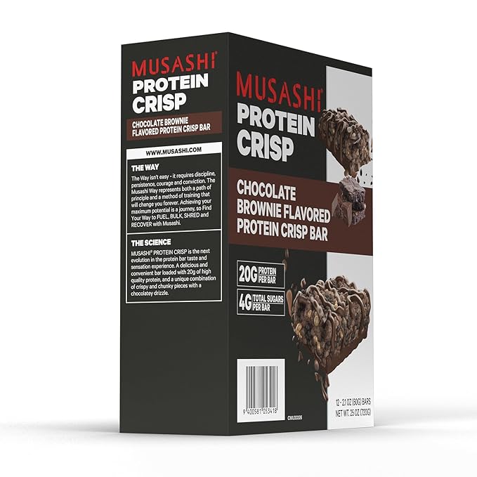 MUSASHI Protein Crisp Bar 20g Protein 4g Total Sugars Chocolate Brownie Post Workout and Snack On The Go 12 Pack of 2.1oz (60g) Bars