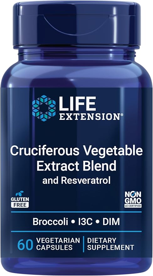 Life Extension Cruciferous Vegetable Extract &amp Resveratrol Broccoli Cabbage resveratrol Supports Cellular Protection Gluten-Free Non-GMO Vegetarian 60 Capsules
