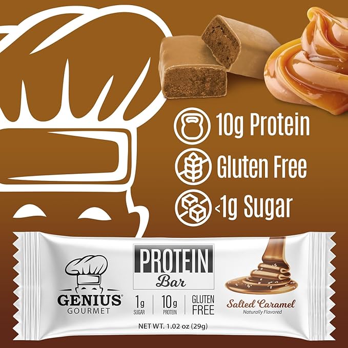 Genius Gourmet Protein Bar Salted Caramel Keto Snack Low Carb Low Sugar &amp Gluten Free Protein Snacks for Adults 10G of Whey Protein per Protein Bar 5 Net Carbs 20 Count