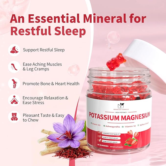 2 Pack Potassium Magnesium Gummies Sugar Free Potassium Supplement Magnesium Glycinate 500mg Ashwagandha Vitamins D3 C B6 Calcium &amp Zinc for Sleep Leg Cramps &amp Muscle Relaxation-120 Cou