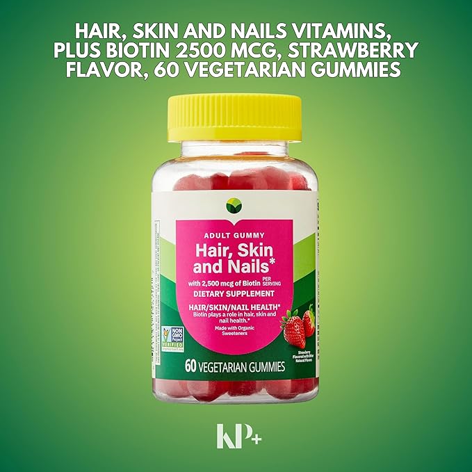 KP+ Hair Skin &amp Nails Biotin 2500 mcg | Adult Gummy Vitamins | Supports Healthy Hair Glowing Skin &amp Strong Nails | Strawberry Flavor | 60 Vegetarian Gummies | Non-GMO* | Pack of 2