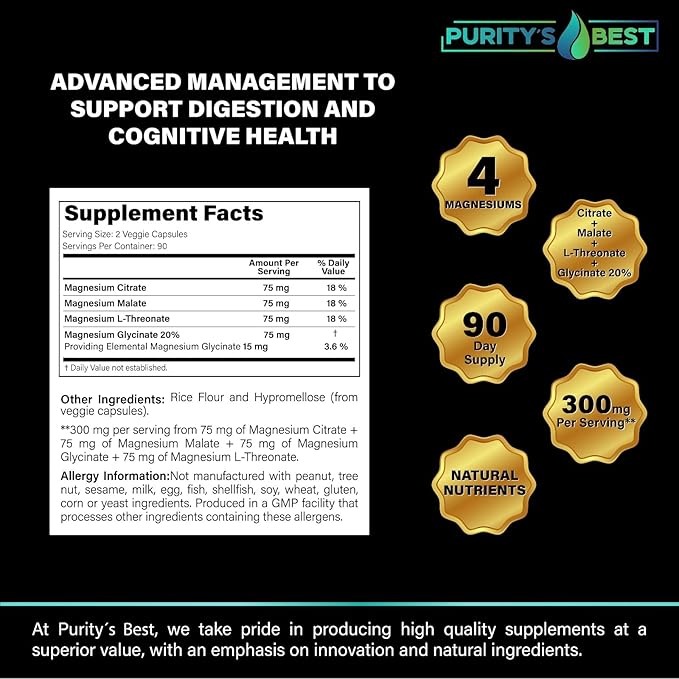 Purity's Best 4 MAGNESIUMS Premium Magnesium Glycinate Malate L-Threonate Citrate 300mg 180 Veggie Capsules Third Party Tested 3 Months’ Supply Muscle Energy Nerve and Cognition Support