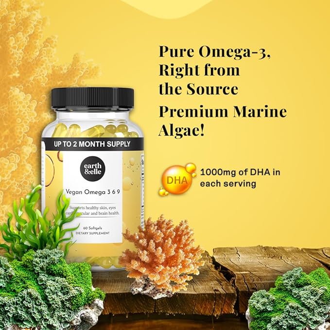 Earth &amp Elle Algae Omega 3 Supplement - Vegan Omega 3 - Omega 3 Vegan Supplement w/Algae Oil &amp Vegan DHA - Helps Support Heart &amp Brain Health 1000 mg Per Serving - No Fishy Aftertaste 60 S