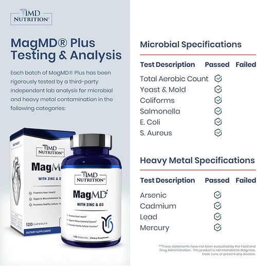 1MD Nutrition MagMD Plus - Magnesium with Zinc &amp D3 | Promotes Heart Health Supports Bone &amp Muscle Strength and Aids Immune System - 120 Ct