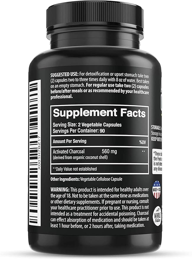 Coconut Activated Charcoal Capsules 180 Charcoal Capsules Teeth Whitening Helps Constipation Bloating Stomach Gas Heartburn Pure Coconut Derived Supplement (3)