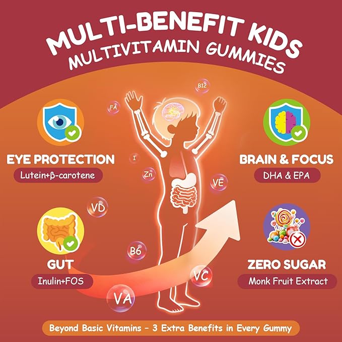 Kids Multivitamin Gummies 180 Count - Eye Brain &amp Gut Support - Sugar-Free Vitamins for Kids - with Lutein Omega-3 DHA &amp Prebiotics - 3 Fruit Flavors - Ages 2+