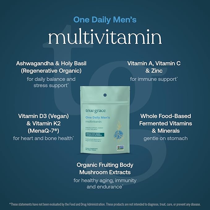 True Grace One Daily Men’s Multivitamin Fermented Minerals Organic Adaptogens &amp Mushrooms Whole Body Balance Immune Endurance Bone &amp Heart Support - Non-GMO Gluten Free - 90 Vegan Tablets