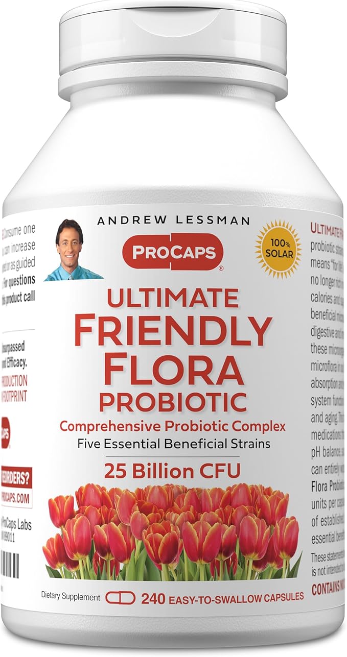 ANDREW LESSMAN Ultimate Friendly Flora Probiotic 240 Capsules - 25 Billion CFU Comprehensive Blend of Five Probiotic Strains Powerful Immune and Digestive Support. Probiotics for Women or Men