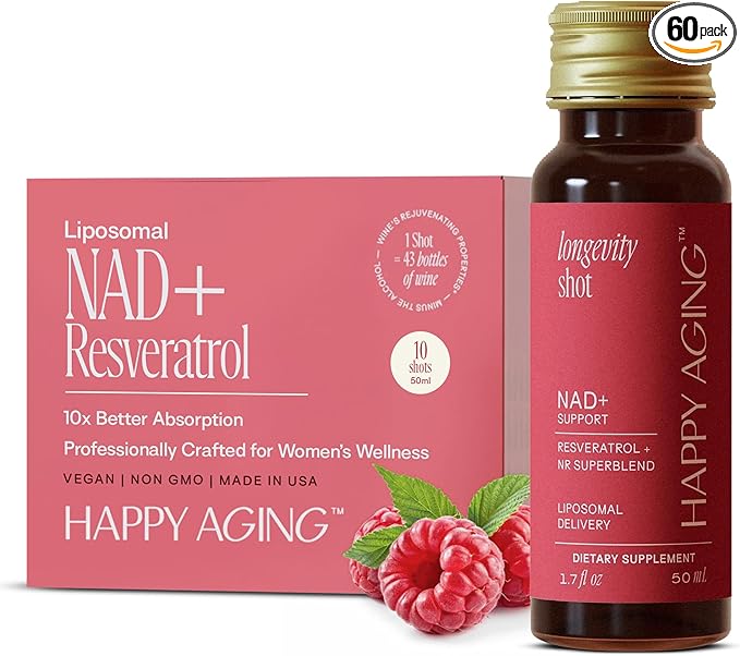 Happy Aging Liquid NAD+ Resveratrol Supplement NMN Alternative Liposomal Nicotinamide Riboside &amp Antioxidants for Energy Support Brain Health Firm Skin Twice Weekly Use 60 Shots