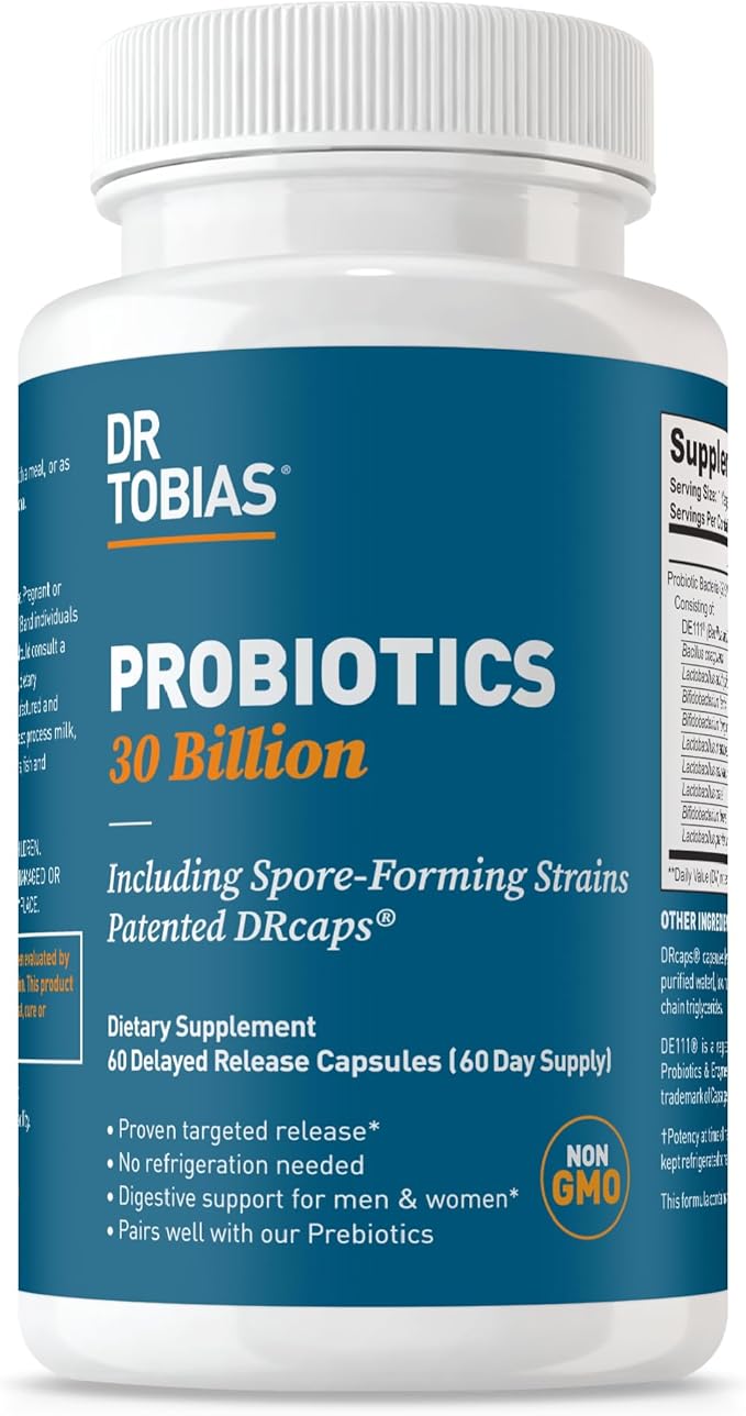 Dr. Tobias Probiotics 30 Billion 10 Strains 30 Billion CFU's Targeted Release Probiotics for Women &amp Men Supports Digestive Health Shelf-Stable Non-GMO 60 Capsules 60 Servings