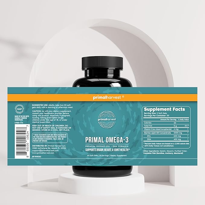 Primal Harvest Omega 3 Fish Oil Supplements 30 Servings Soft Gels Capsules w/ 1000mg EPA + DHA Supplements No Fishy Burps Non-GMO Omega 3 Fatty Acid