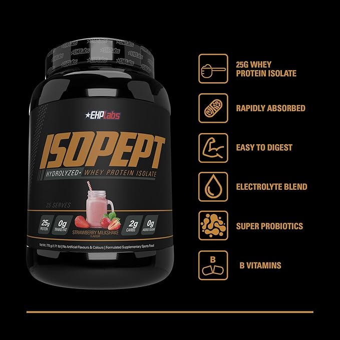 IsoPept Hydrolyzed Whey Protein Powder by EHPlabs - 100% Whey Protein Isolate &amp Hydrolysate 27g of Protein Non-GMO Gluten Free Fast Absorbing Easy Digesting 27 Serves (Strawberry Milkshake)