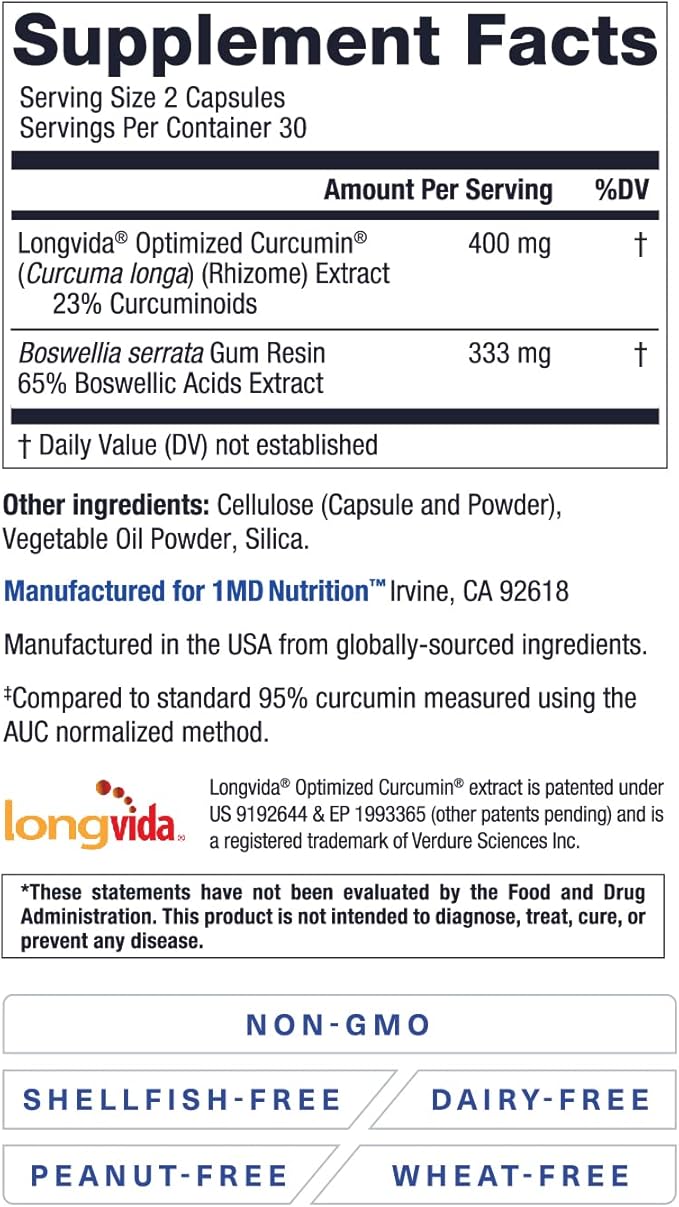 1MD Nutrition CurcuminMD Plus - Turmeric Curcumin with Boswellia Serrata - 285x More Absorbable | Joint Stiffness Muscle Recovery and Mood Support | 120 Capsules (2-Pack)