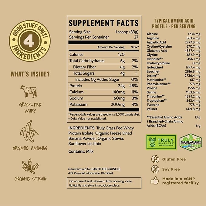 Earth Fed Muscle Go! Bananas Irish Grass‑Fed Whey Protein Isolate – All Natural Banana Flavor Zero Added Sugar Soy‑Free Gluten‑Free (2lb 27 Servings Banana)