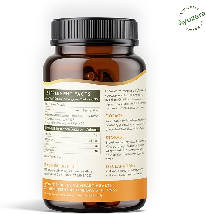 (Ayuzera Sea Buckthorn Berry Oil Vegan Omega 7 500mg 30 Softgels Capsules (Pack of 1) 15-Day Supply| Rich in Omega 3 6 7 &amp 9 for Muscle Bone Heart &amp Skin