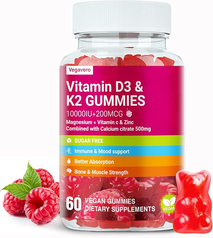 Vitamin D3 K2 Gummies Sugar-Free with Calcium + K2 (MK-7) Magnesium Citrate Vitamin C Extra Strength - Ultimate Absorption for Bone Muscle Teeth Immune Vegan - 60 Gummies