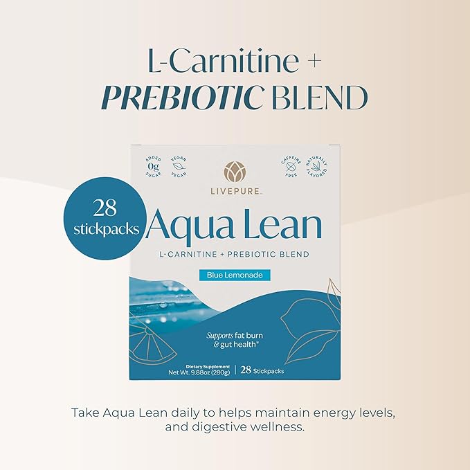 PURE Aqua Lean | L-Carnitine &amp Prebiotics for Energy Support | Vegan Sugar-Free Gluten-Free Caffeine-Free | Helps Support Metabolism &amp Digestive Health | 28 Convenient Stick Packs