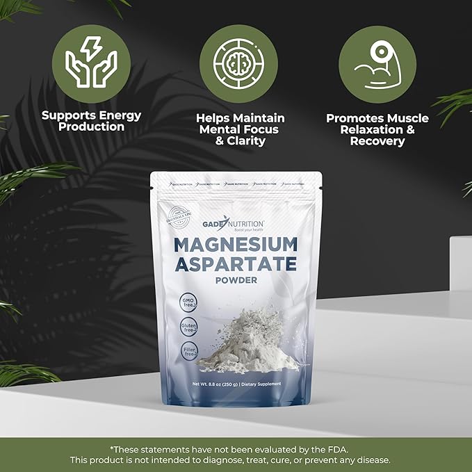 Gade Nutrition Pure Magnesium Aspartate Powder | 250g 1000mg per Serving 250 Servings | Non-GMO Gluten-Free Filler Free Highly Absorbable | USA Made