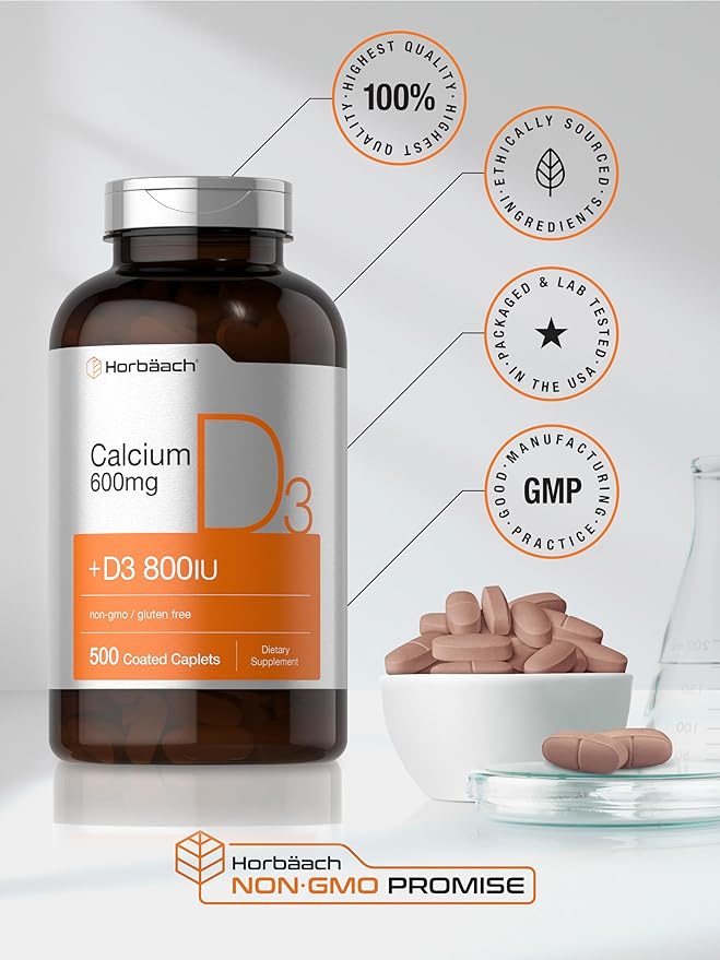Horbaach Calcium 600 mg with Vitamin D3 | 500 Coated Caplets | for Women and Men | Non-GMO &amp Gluten Free Supplement