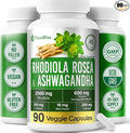 FloraBliss Rhodiola Rosea with Ashwagandha KSM-66 L-Theanine Holy Basil &amp BioPerine - 90 High Potency Vegan Capsules - 45-Day Supply - No Artificial Additives