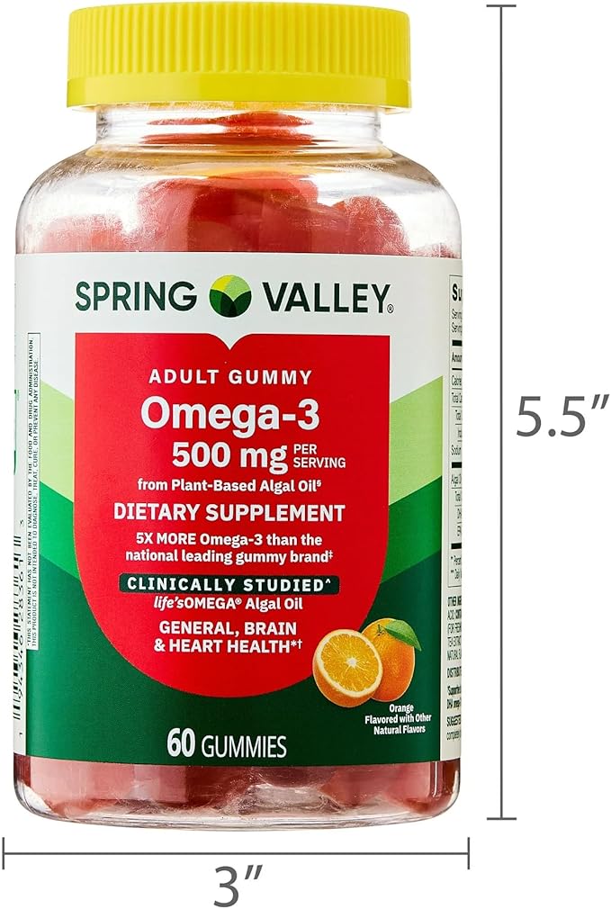 SUREFECT Spring Valley Omega-3 from Plant-Based Algal Oil Gummies for Brain &amp Heart Health Support Orange 500 mg 60 Count Organizer.