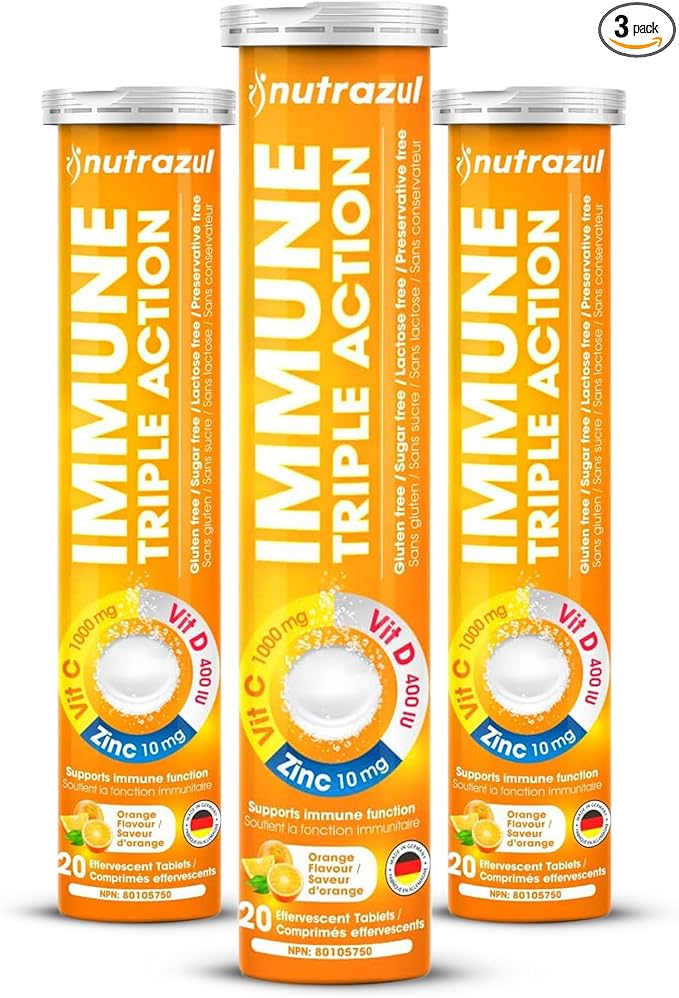 nutrazul Immune Triple Action Effervescent Tablets with Vitamin C 1000mg Vitamin D Zinc Support Daily Routine Gluten-Free Sugar-Free Lactose-Free Orange Flavor 20 Tablets (Pack of 3)