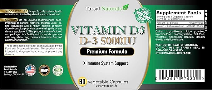 Vitamin D3 5000 IU 90 Capsules Supports Joints Bones and Help with Absorption of Calcium and Easy Movement Made in USA Manufactured FDA Registered Facility