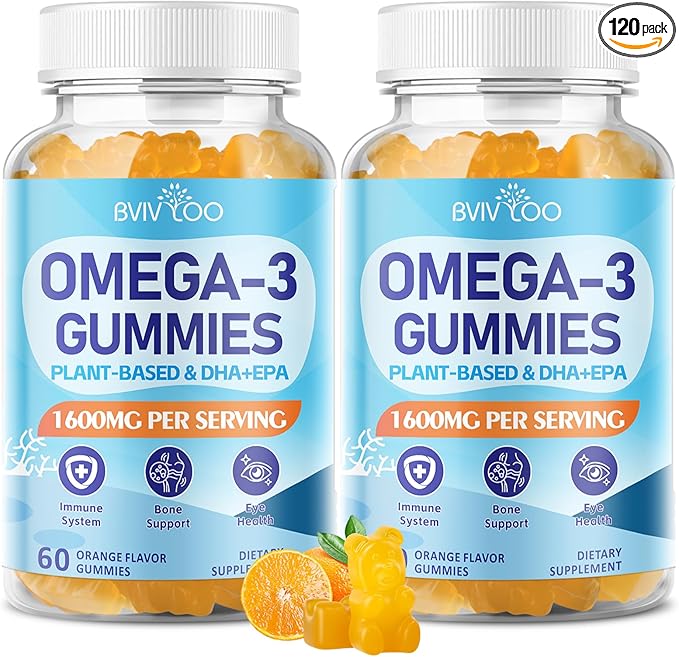 2 Pack Vegan Omega-3 Gummies - 1600mg with 600mg EPA &amp 400mg DHA. High Absorption Formula. Delicious Orange Flavor - 120 Gummies