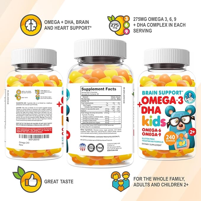 DR. MORITZ Vegan Omega 3 Gummies for Kids and Toddlers (240 Count) Kids Omega 3 Gummies for Brain &amp Heart Health No Fish Oil &amp Gluten Free