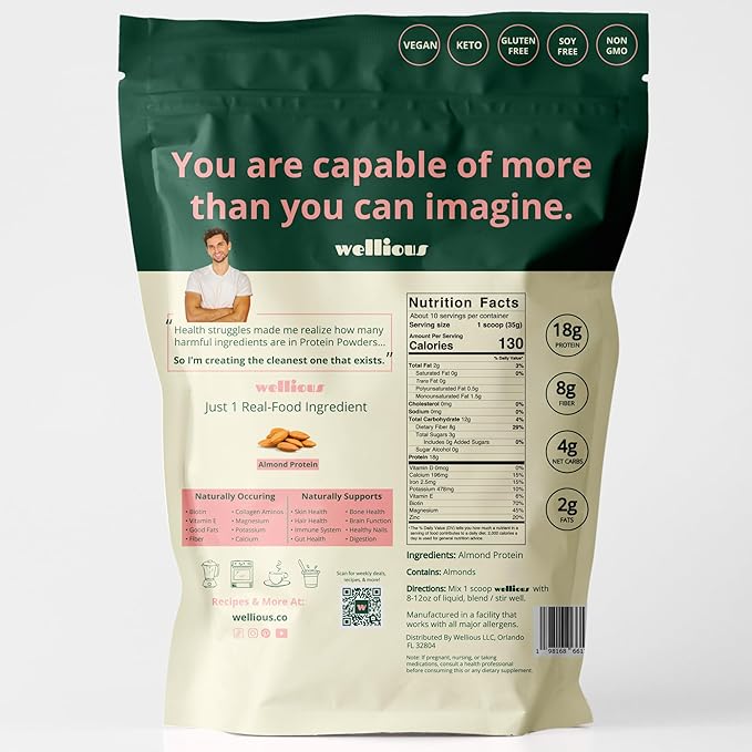 wellious Almond Protein Powder (Unflavored Unsweetened) - 18 Grams of Pure Healthiest Vegan Protein for Women &amp Men | Gluten-Free Soy-Free &amp Gut Friendly Protein Powder for Sports Nutrition