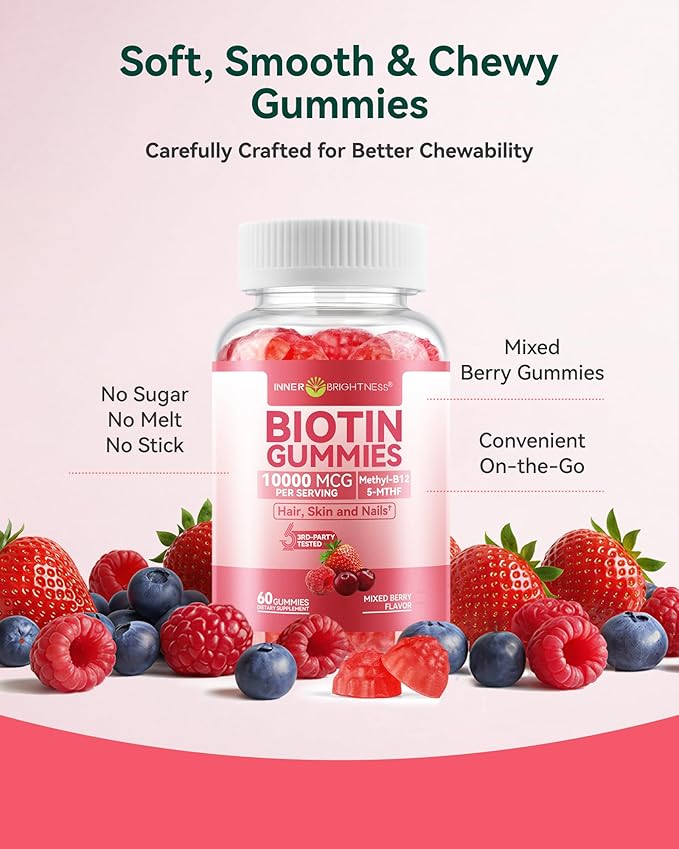 Biotin Gummies 10000 mcg – Hair Skin and Nails Support for Women &amp Men – with Vitamins C D3 B6 B12 &amp Folate – Mixed Berry Flavor Sugar Free 120 Count (2 Pack)