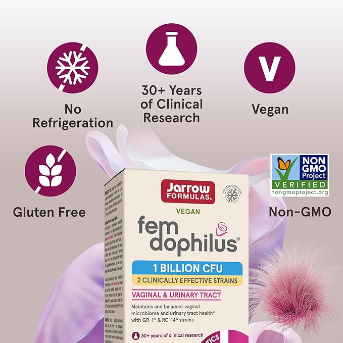 Jarrow Formulas Fem-Dophilus Probiotics 1 Billion CFU with 2 Science-Backed Strains Dietary Suppl for Vaginal and Urinary Tract Supp60 Veggie CapsUp to a 60 Day Supply Shelf-Stable12 Packs