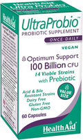 HealthAid UltraProbio 100 Billion 60ct Once Daily Capsules Optimum Support 100 Billion with Prebiotic Acid &amp Bile Resistant Dairy &amp Gluten Free Non-GMO Vegan 14 Viable Strins.