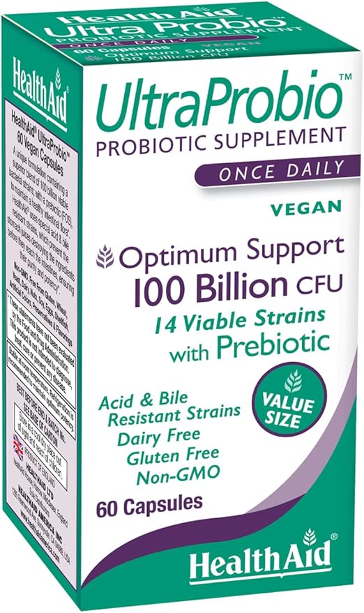 HealthAid UltraProbio 100 Billion 60ct Once Daily Capsules Optimum Support 100 Billion with Prebiotic Acid &amp Bile Resistant Dairy &amp Gluten Free Non-GMO Vegan 14 Viable Strins.