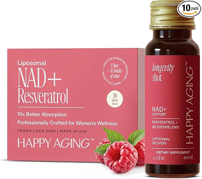Happy Aging Liquid NAD+ Supplement for Women | Liposomal Nicotinamide Riboside &amp Resveratrol Shots for Energy Skin Health &amp Brain Fog | NMN Alternative with Antioxidants | 10 Shots 30-Day Su