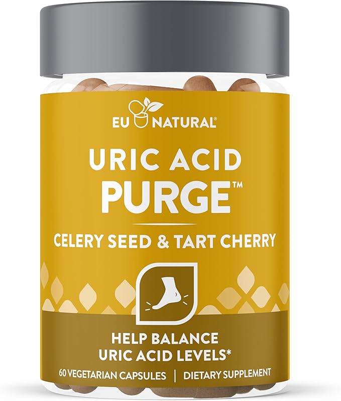 Eu Natural Purge Uric Acid Flush - Eat &amp Drink What You Want - Uric Acid Support for Joints &amp Mobility with Celery Seed Tart Cherry &amp Chanca Piedra - 60 Vegetarian Capsules
